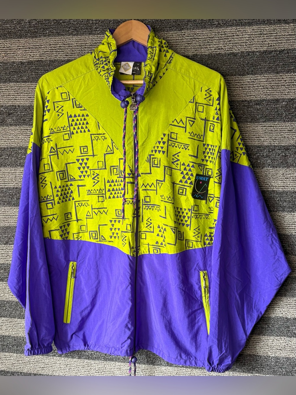 Vintage 80’s K-Way Neon Green Purple Geometric Tactel Windbreaker Jacket Medium